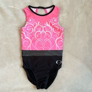 Ozone sleeveless comp/warm up leotard.  Size YL.  Black/White/Pink
